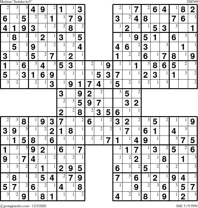 The grouppuzzles.com Medium Sudoku-by5 puzzle for Thursday December 3, 2020 with the first 3 steps marked