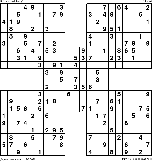 The grouppuzzles.com Difficult Sudoku-by5 puzzle for Thursday December 3, 2020