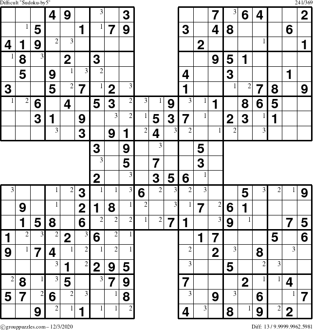 The grouppuzzles.com Difficult Sudoku-by5 puzzle for Thursday December 3, 2020 with the first 3 steps marked