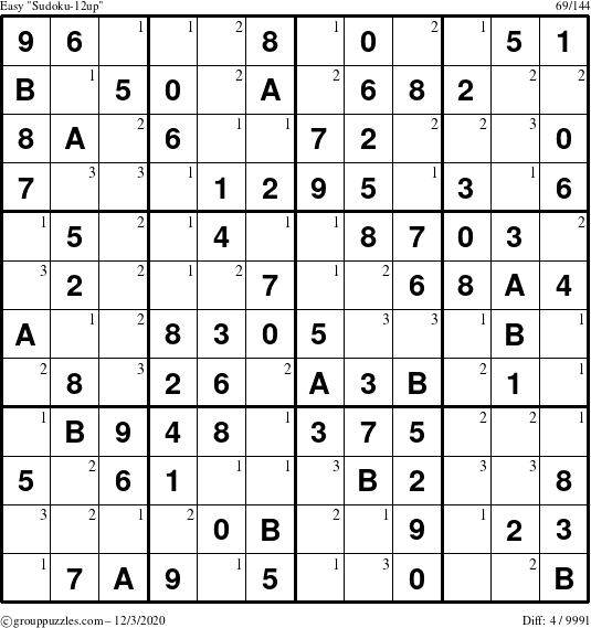 The grouppuzzles.com Easy Sudoku-12up puzzle for Thursday December 3, 2020 with the first 3 steps marked