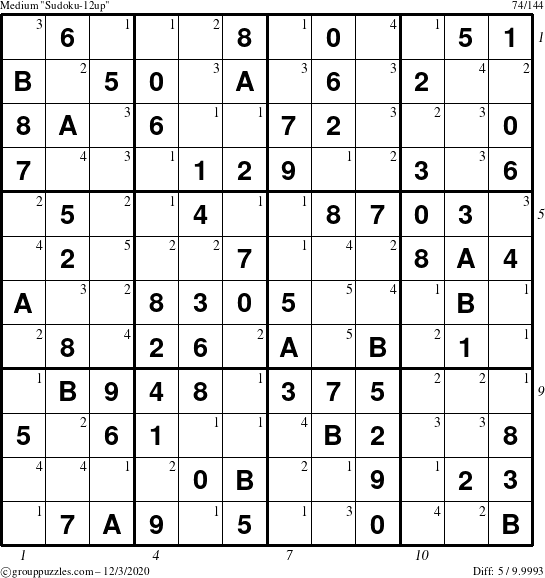 The grouppuzzles.com Medium Sudoku-12up puzzle for Thursday December 3, 2020, suitable for printing, with all 5 steps marked