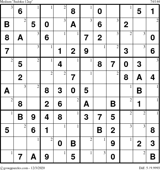 The grouppuzzles.com Medium Sudoku-12up puzzle for Thursday December 3, 2020 with the first 3 steps marked