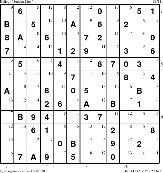 The grouppuzzles.com Difficult Sudoku-12up puzzle for Thursday December 3, 2020 with all 14 steps marked