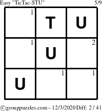 The grouppuzzles.com Easy TicTac-STU puzzle for Thursday December 3, 2020 with the first 2 steps marked