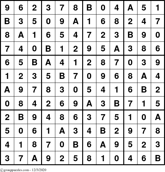 The grouppuzzles.com Answer grid for the Sudoku-12up puzzle for Thursday December 3, 2020