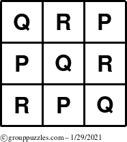 The grouppuzzles.com Answer grid for the TicTac-PQR puzzle for Friday January 29, 2021