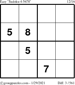 The grouppuzzles.com Easy Sudoku-4-5678 puzzle for Friday January 29, 2021