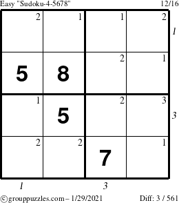 The grouppuzzles.com Easy Sudoku-4-5678 puzzle for Friday January 29, 2021 with all 3 steps marked