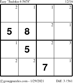 The grouppuzzles.com Easy Sudoku-4-5678 puzzle for Friday January 29, 2021 with the first 3 steps marked