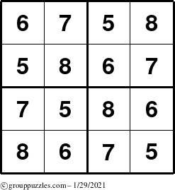 The grouppuzzles.com Answer grid for the Sudoku-4-5678 puzzle for Friday January 29, 2021