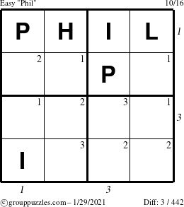 The grouppuzzles.com Easy Phil puzzle for Friday January 29, 2021, suitable for printing, with all 3 steps marked