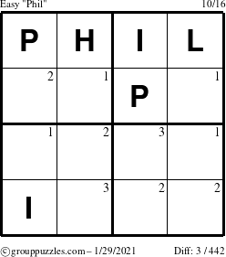 The grouppuzzles.com Easy Phil puzzle for Friday January 29, 2021 with the first 3 steps marked