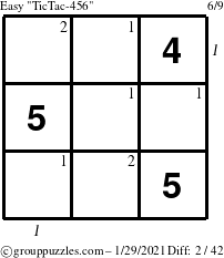 The grouppuzzles.com Easy TicTac-456 puzzle for Friday January 29, 2021 with all 2 steps marked