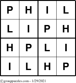 The grouppuzzles.com Answer grid for the Phil puzzle for Friday January 29, 2021