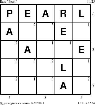 The grouppuzzles.com Easy Pearl puzzle for Friday January 29, 2021 with all 3 steps marked