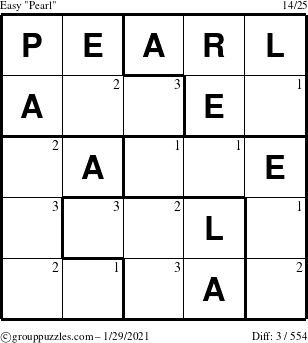 The grouppuzzles.com Easy Pearl puzzle for Friday January 29, 2021 with the first 3 steps marked