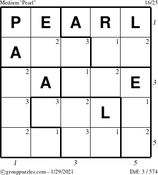 The grouppuzzles.com Medium Pearl puzzle for Friday January 29, 2021 with all 3 steps marked