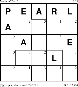 The grouppuzzles.com Medium Pearl puzzle for Friday January 29, 2021 with the first 3 steps marked