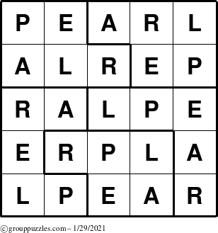 The grouppuzzles.com Answer grid for the Pearl puzzle for Friday January 29, 2021