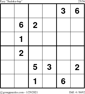 The grouppuzzles.com Easy Sudoku-6up puzzle for Friday January 29, 2021