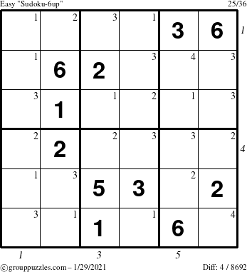 The grouppuzzles.com Easy Sudoku-6up puzzle for Friday January 29, 2021, suitable for printing, with all 4 steps marked