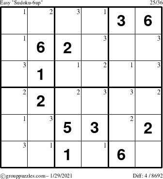 The grouppuzzles.com Easy Sudoku-6up puzzle for Friday January 29, 2021 with the first 3 steps marked