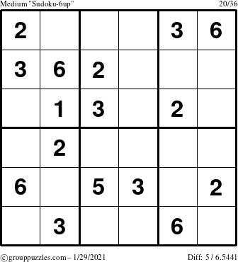 The grouppuzzles.com Medium Sudoku-6up puzzle for Friday January 29, 2021