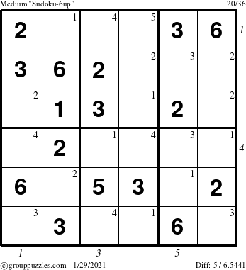 The grouppuzzles.com Medium Sudoku-6up puzzle for Friday January 29, 2021 with all 5 steps marked