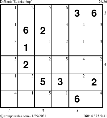 The grouppuzzles.com Difficult Sudoku-6up puzzle for Friday January 29, 2021, suitable for printing, with all 6 steps marked