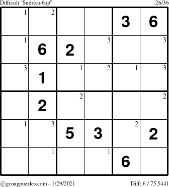 The grouppuzzles.com Difficult Sudoku-6up puzzle for Friday January 29, 2021 with the first 3 steps marked