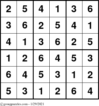 The grouppuzzles.com Answer grid for the Sudoku-6up puzzle for Friday January 29, 2021