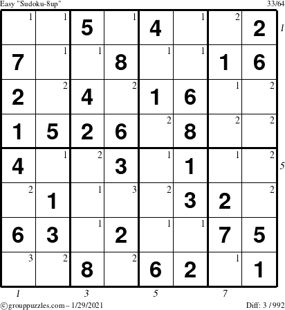 The grouppuzzles.com Easy Sudoku-8up puzzle for Friday January 29, 2021 with all 3 steps marked