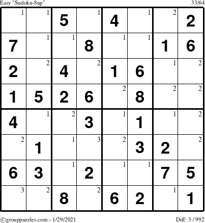 The grouppuzzles.com Easy Sudoku-8up puzzle for Friday January 29, 2021 with the first 3 steps marked