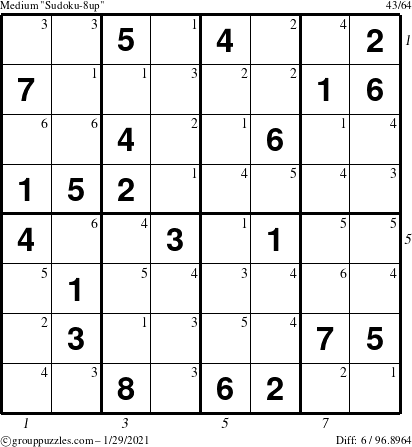 The grouppuzzles.com Medium Sudoku-8up puzzle for Friday January 29, 2021 with all 6 steps marked