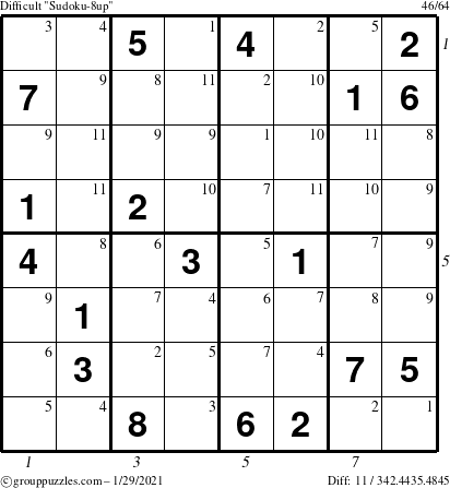 The grouppuzzles.com Difficult Sudoku-8up puzzle for Friday January 29, 2021 with all 11 steps marked