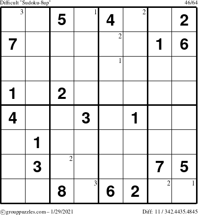 The grouppuzzles.com Difficult Sudoku-8up puzzle for Friday January 29, 2021 with the first 3 steps marked