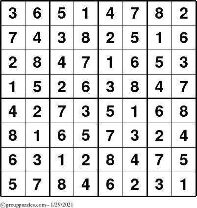 The grouppuzzles.com Answer grid for the Sudoku-8up puzzle for Friday January 29, 2021