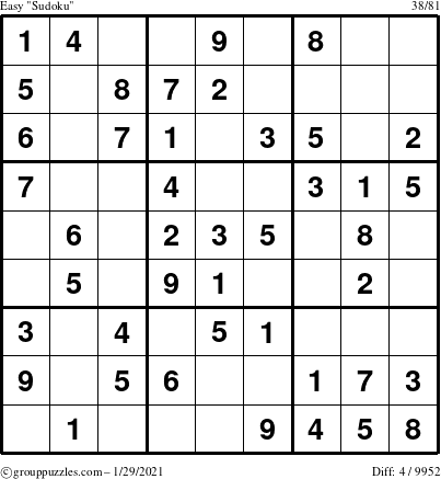 The grouppuzzles.com Easy Sudoku puzzle for Friday January 29, 2021