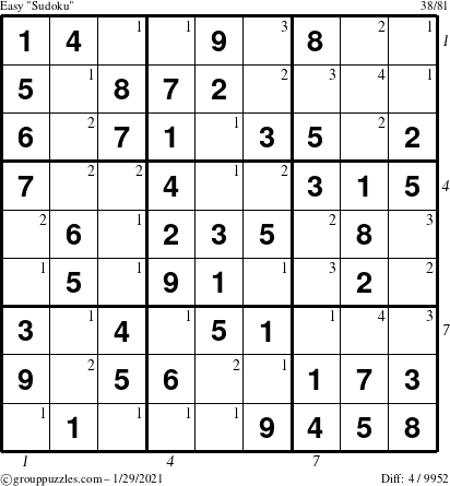 The grouppuzzles.com Easy Sudoku puzzle for Friday January 29, 2021, suitable for printing, with all 4 steps marked