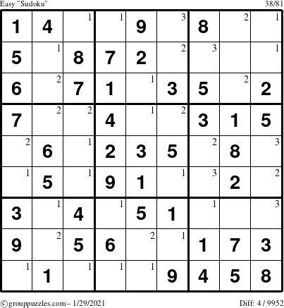 The grouppuzzles.com Easy Sudoku puzzle for Friday January 29, 2021 with the first 3 steps marked