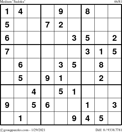 The grouppuzzles.com Medium Sudoku puzzle for Friday January 29, 2021