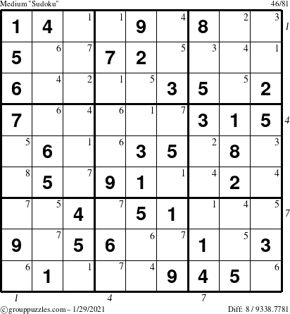 The grouppuzzles.com Medium Sudoku puzzle for Friday January 29, 2021 with all 8 steps marked