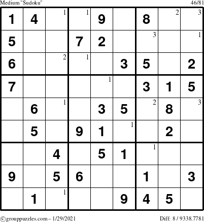 The grouppuzzles.com Medium Sudoku puzzle for Friday January 29, 2021 with the first 3 steps marked