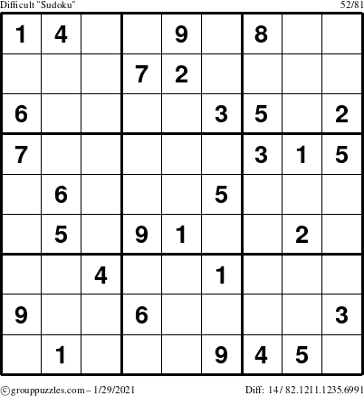 The grouppuzzles.com Difficult Sudoku puzzle for Friday January 29, 2021