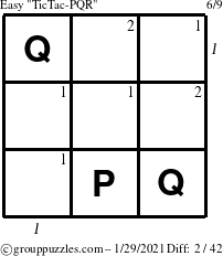 The grouppuzzles.com Easy TicTac-PQR puzzle for Friday January 29, 2021 with all 2 steps marked