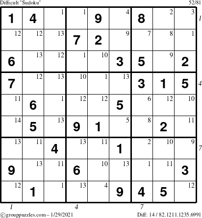 The grouppuzzles.com Difficult Sudoku puzzle for Friday January 29, 2021, suitable for printing, with all 14 steps marked