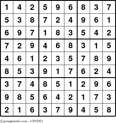 The grouppuzzles.com Answer grid for the Sudoku puzzle for Friday January 29, 2021