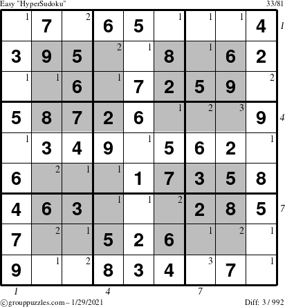 The grouppuzzles.com Easy HyperSudoku puzzle for Friday January 29, 2021 with all 3 steps marked