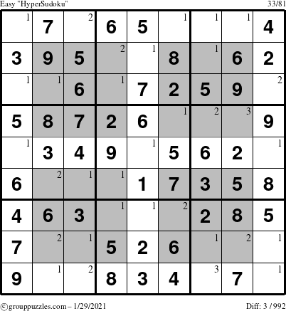 The grouppuzzles.com Easy HyperSudoku puzzle for Friday January 29, 2021 with the first 3 steps marked