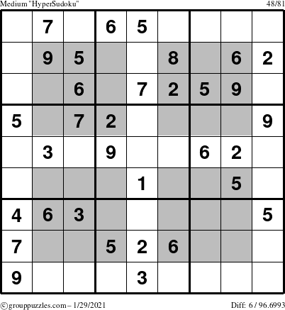 The grouppuzzles.com Medium HyperSudoku puzzle for Friday January 29, 2021